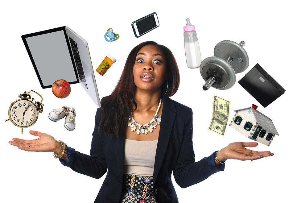 Frazzled woman thinking of her busy schedule with images above her head