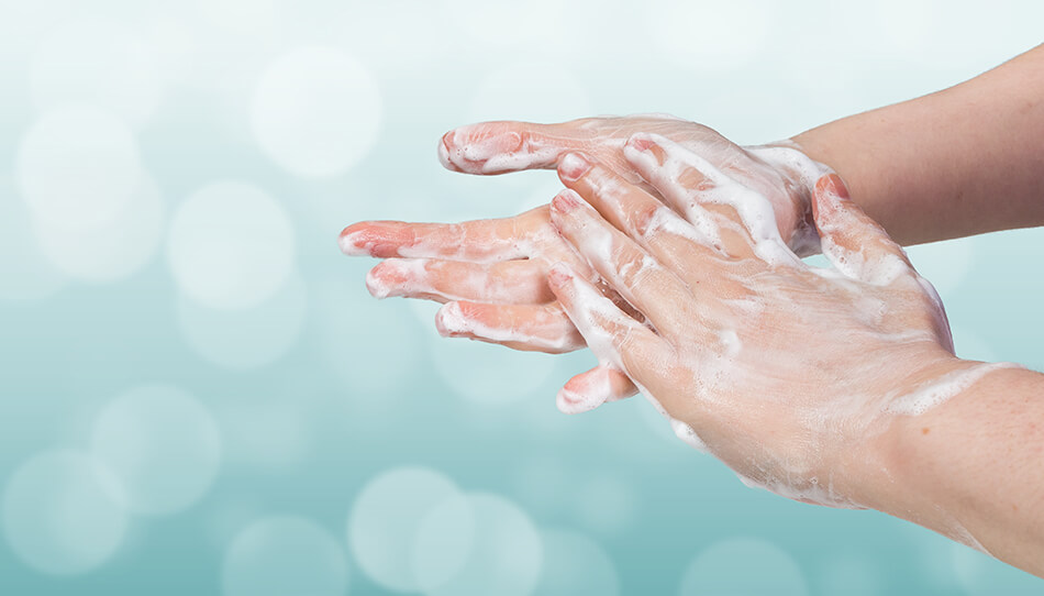 hand washing on blue bubble background