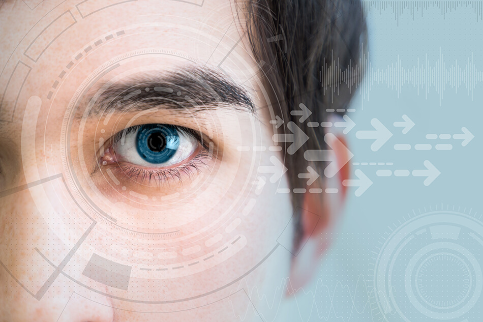 close-up of man’s face with science diagrams superimposed over his eye