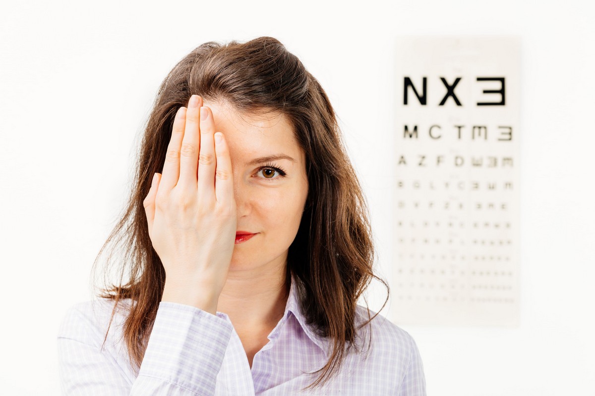 woman covering her eye during eye exam