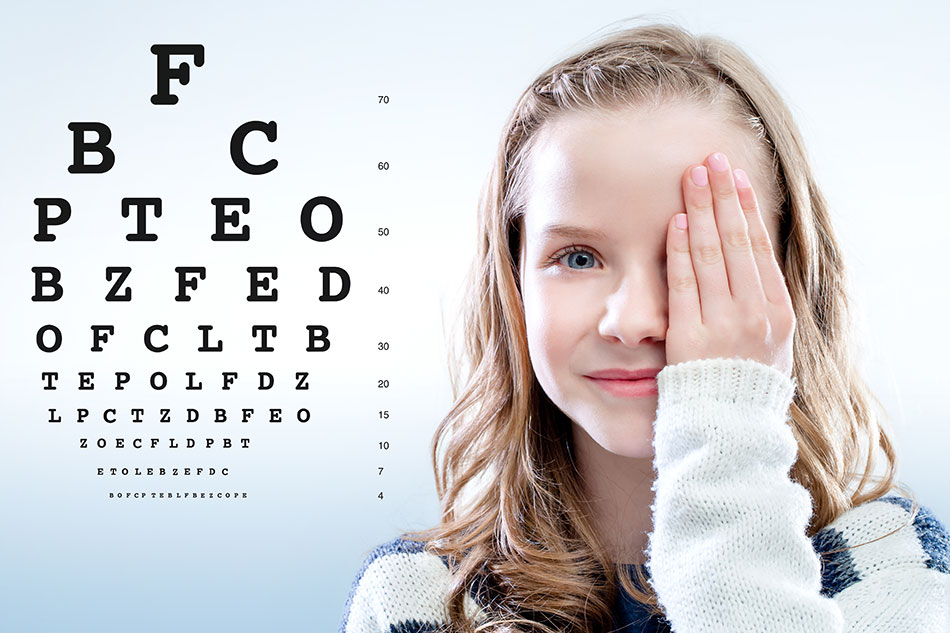 Young girl covering one eye reviewing an eye chart